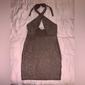 Hot & Delicious Brown Nude Bodycon Cocktail Dress with Halter Neckline Medium